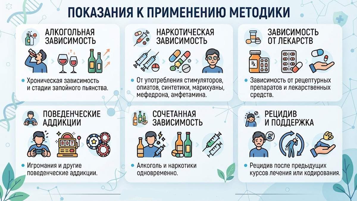 Инфографика: когда показана методика лечения зависимостей. Инфографика, показывающая показания к применению методики.