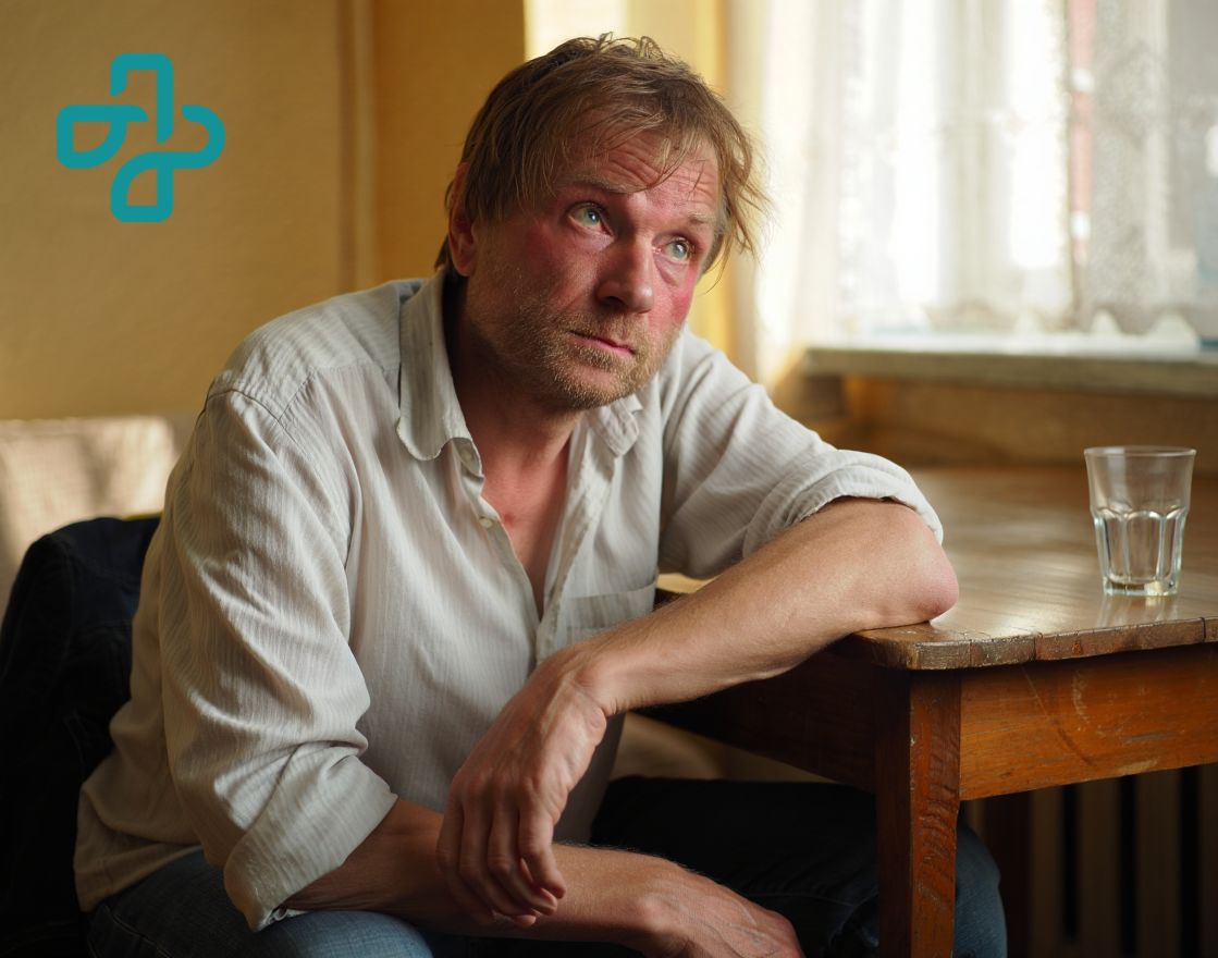 Снятие алкогольной интоксикации в Перми круглосуточно Мужчина сидит за столом в состоянии алкогольного опьянения